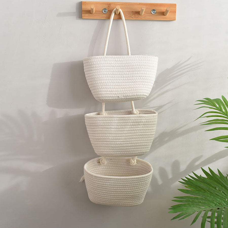 NestTrove | 3-laags katoenen wandopbergmand - Rustieke hangende organizer voor thuis