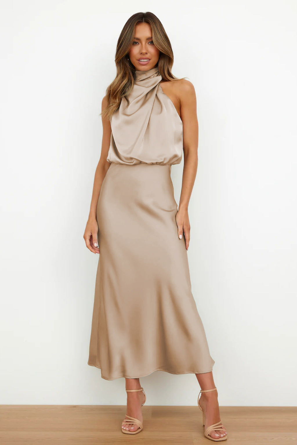 Ayra | Dames satijnen halternek midi-jurk – mouwloze elegante bodycon avond- en feestjurk