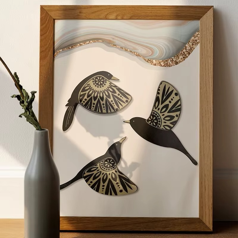 SkyVibe | Geestvogels van harmonie Wanddecoratie – Set van 5 stuks, 3D metalen woondecoratie, handgemaakt, accent voor woonkamer en slaapkamer