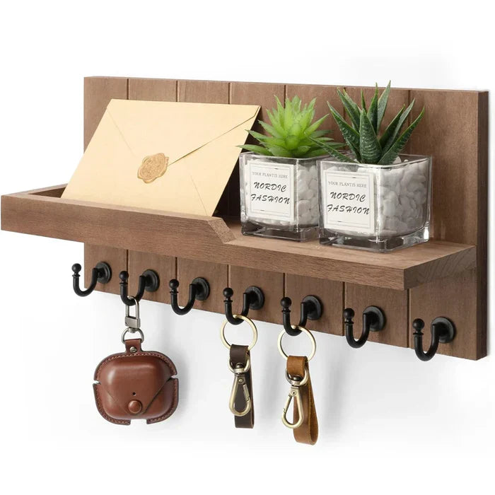 EntryMate | Houten Sleutelhouder met Plank – Wandgemonteerd, 7 Haken, Stijlvolle Organisatie