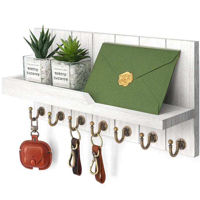 EntryMate | Houten Sleutelhouder met Plank – Wandgemonteerd, 7 Haken, Stijlvolle Organisatie