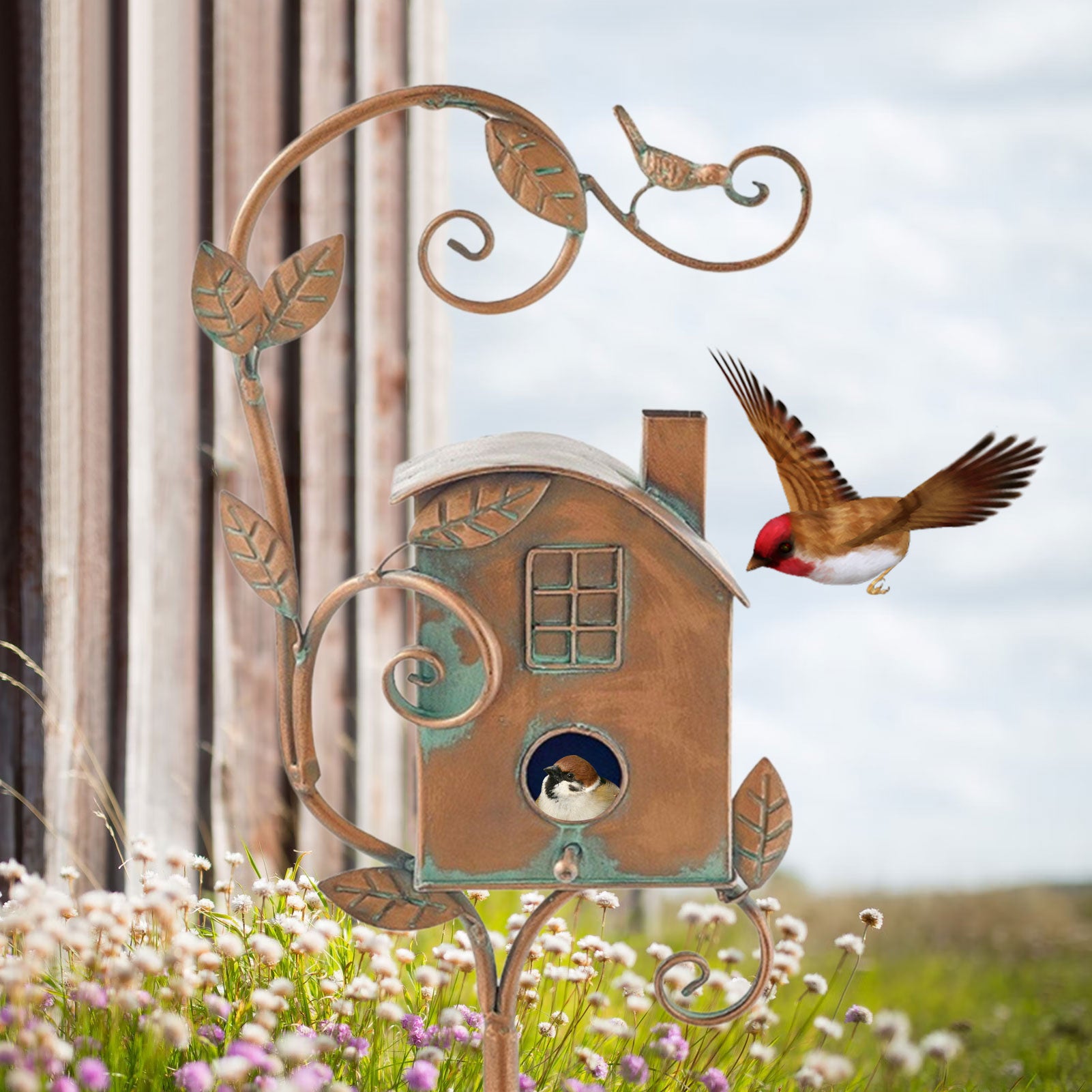 Nestique | Decoratieve metalen vogelhuisje tuinpaal - Handgemaakt Outdoor Tuin Vogelhuis Ornament