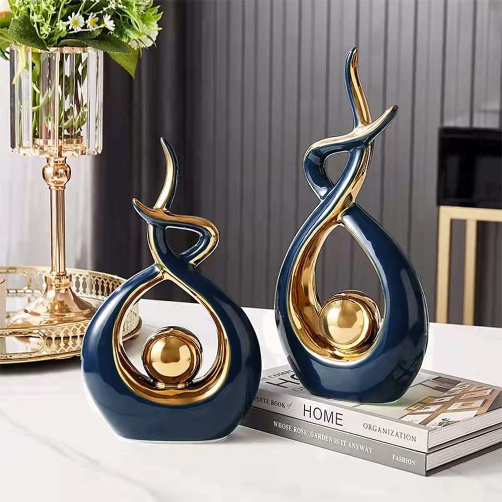 Sculptura | Abstracte keramische kunstsculptuur met gouden accenten - Modern decor voor thuis en kantoor