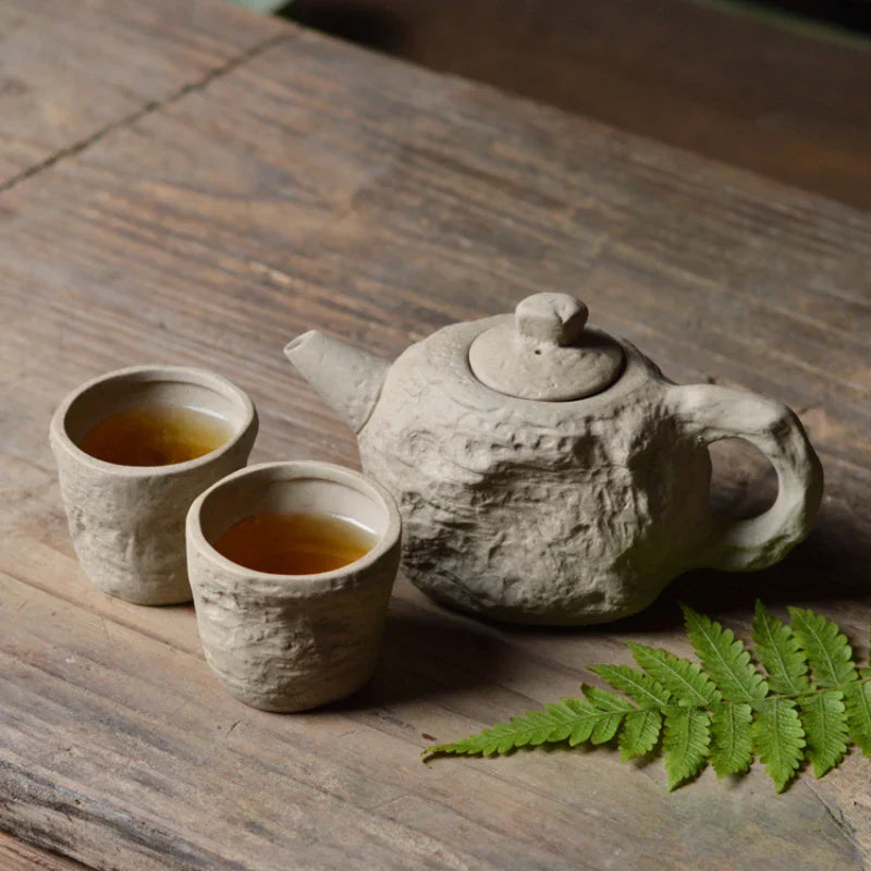 TerraBrew | Ambachtelijke rustieke stenen textuur theepotset – keramische theepot met kopjes, handgemaakt