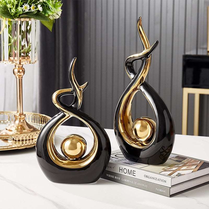 Sculptura | Abstracte keramische kunstsculptuur met gouden accenten - Modern decor voor thuis en kantoor