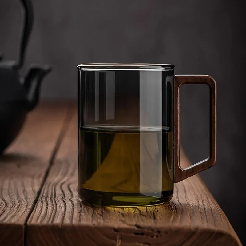 TerraSip | Glazen bekers met walnoothouten handvat – 500 ml hittebestendige koffie- en theemok