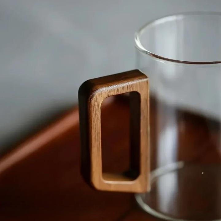 TerraSip | Glazen bekers met walnoothouten handvat – 500 ml hittebestendige koffie- en theemok