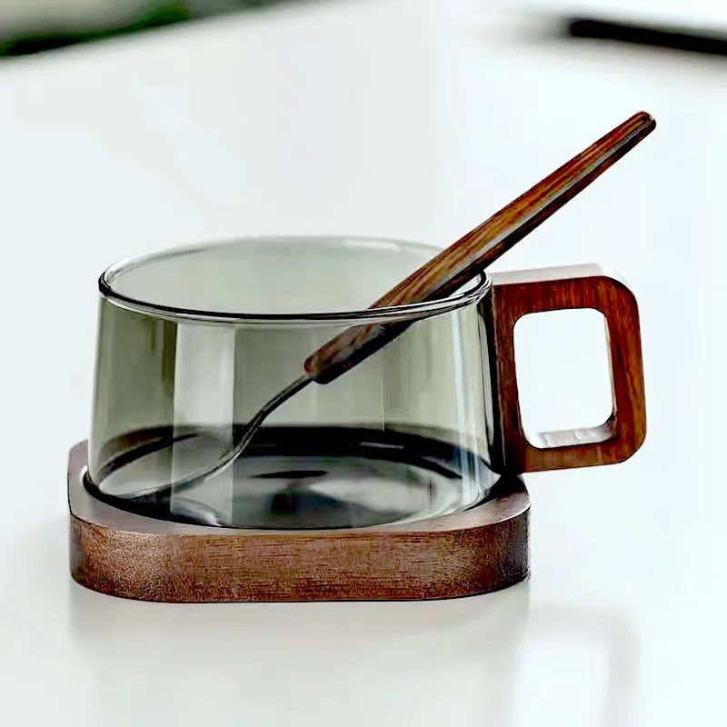 OakSip | Hittebestendige glazen koffie- en theemok van 200 ml met houten handvat – Handgemaakte latte-kop