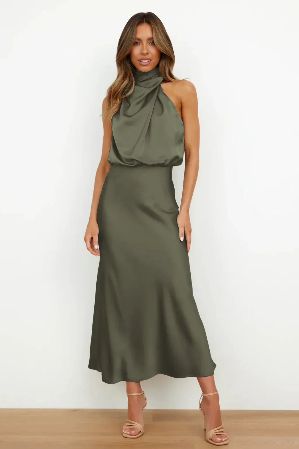 Ayra | Dames satijnen halternek midi-jurk – mouwloze elegante bodycon avond- en feestjurk