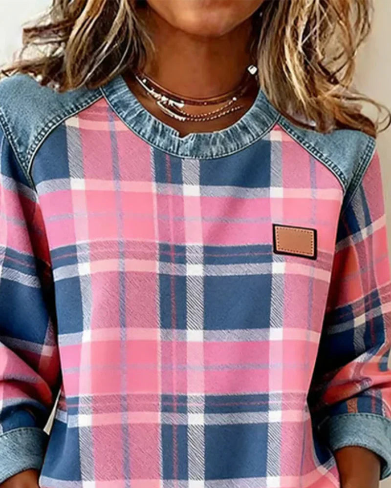 Elvarielle | Dames Geruite Trui – Denim Patchwork Gebreide Casual Trui met Lange Mouwen
