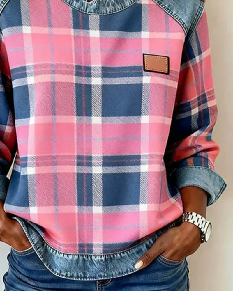Elvarielle | Dames Geruite Trui – Denim Patchwork Gebreide Casual Trui met Lange Mouwen