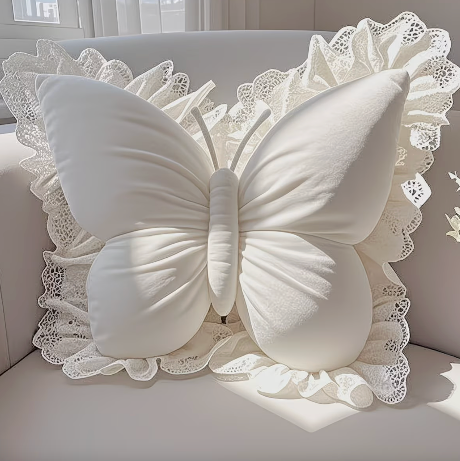 WingBella | Kanten Vlinder Kussen – Elegant Decoratief Sierkussen voor Slaapkamer, Bank, en Volwassenenkamer