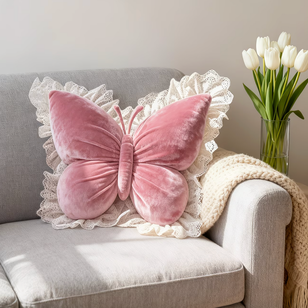 WingBella | Kanten Vlinder Kussen – Elegant Decoratief Sierkussen voor Slaapkamer, Bank, en Volwassenenkamer