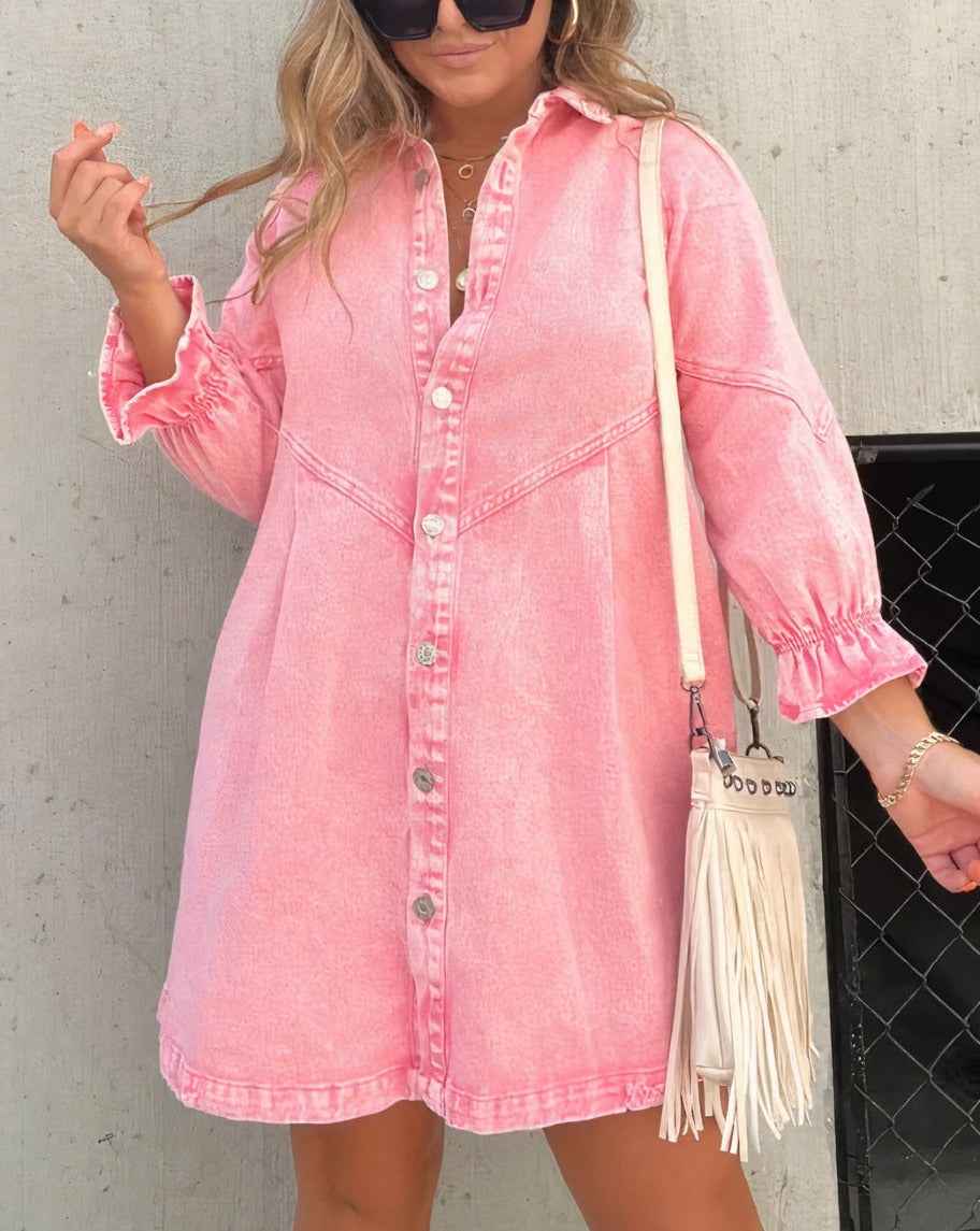 Celinea | Dames denim overhemdjurk – casual midi-jurk met knoopsluiting aan de voorkant