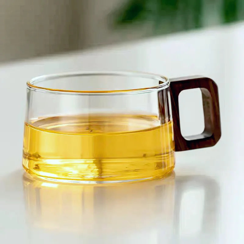 OakSip | Hittebestendige glazen koffie- en theemok van 200 ml met houten handvat – Handgemaakte latte-kop