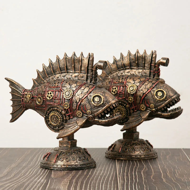 IronFin | Steampunk mechanisch zwartvisbeeldje - metalen visbeeldje met ingewikkelde vistuigdetails