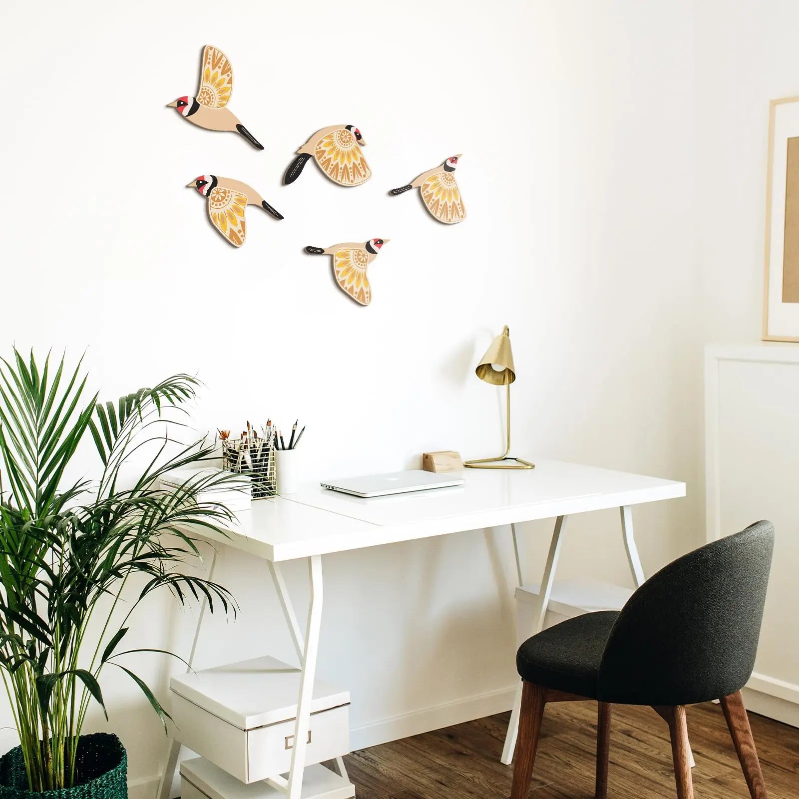 SkyVibe | Geestvogels van harmonie Wanddecoratie – Set van 5 stuks, 3D metalen woondecoratie, handgemaakt, accent voor woonkamer en slaapkamer