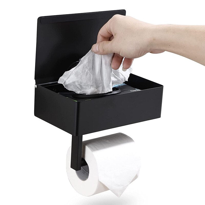 TidyBox | Toiletpapierhouder voor wandmontage met opbergplank, duurzaam staal, ruimtebesparend ontwerp