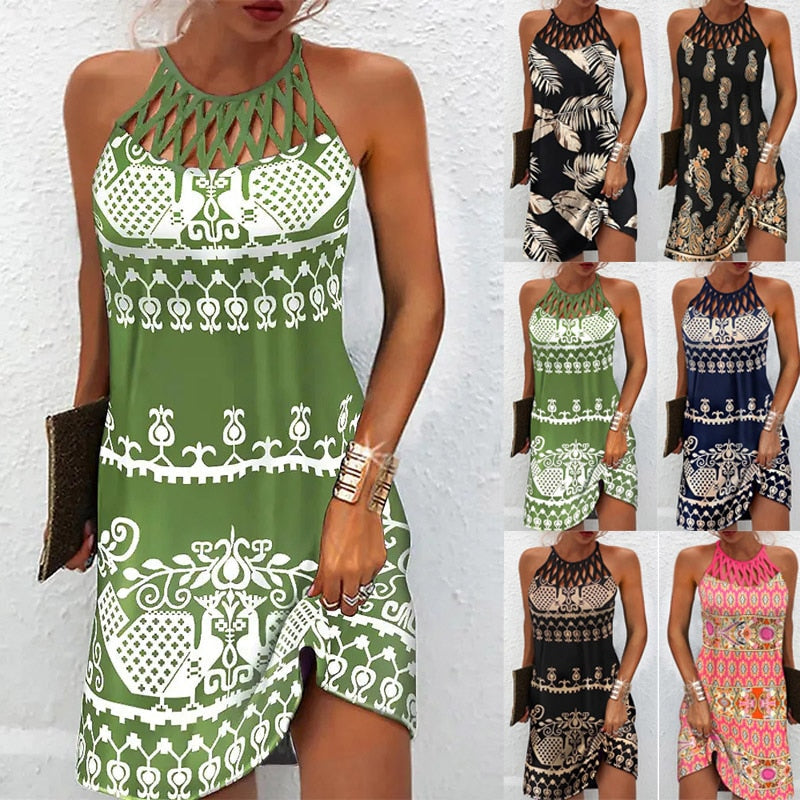 Asha | Chique midi jurk met print voor dames – halter zomerjurk voor strand