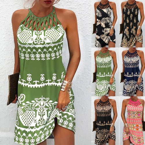 Asha | Chique midi jurk met print voor dames – halter zomerjurk voor strand