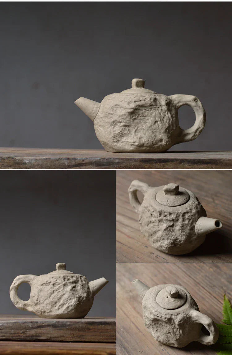TerraBrew | Ambachtelijke rustieke stenen textuur theepotset – keramische theepot met kopjes, handgemaakt