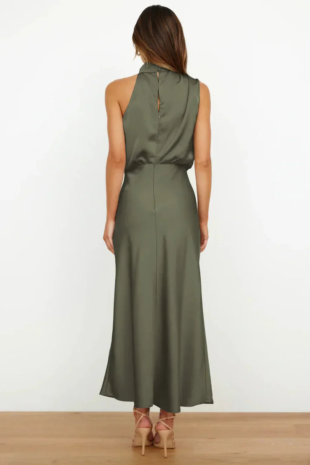Ayra | Dames satijnen halternek midi-jurk – mouwloze elegante bodycon avond- en feestjurk