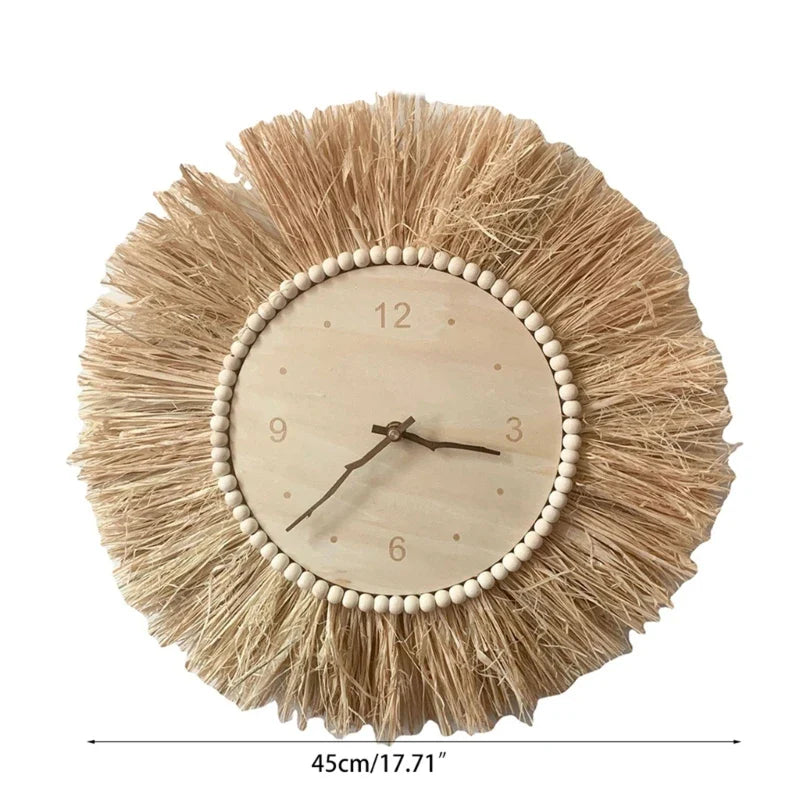 BohoTick | Boho Tarwe Stro Wandklok - Handgemaakte Natuurlijke Vezel, Rustieke Decoratieve Klok