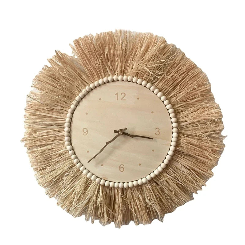 BohoTick | Boho Tarwe Stro Wandklok - Handgemaakte Natuurlijke Vezel, Rustieke Decoratieve Klok