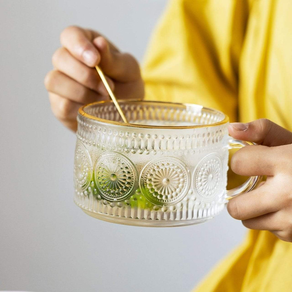 RegalSip | Glas theekopje met gouden lijnen in reliëf - Elegant drinkgerei voor thee en koffie