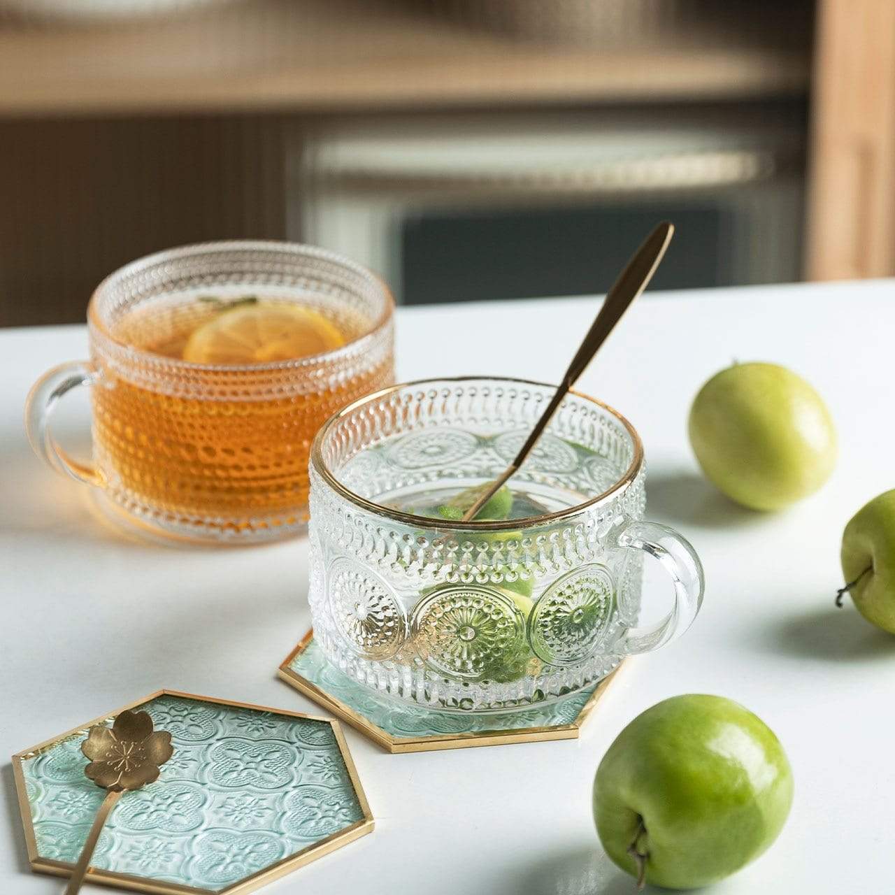 RegalSip | Glas theekopje met gouden lijnen in reliëf - Elegant drinkgerei voor thee en koffie