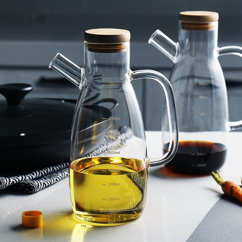 TransOleo | Transparante glazen oliefles met handvat - oplossing voor keukenopslag, druppelvrije schenktuit