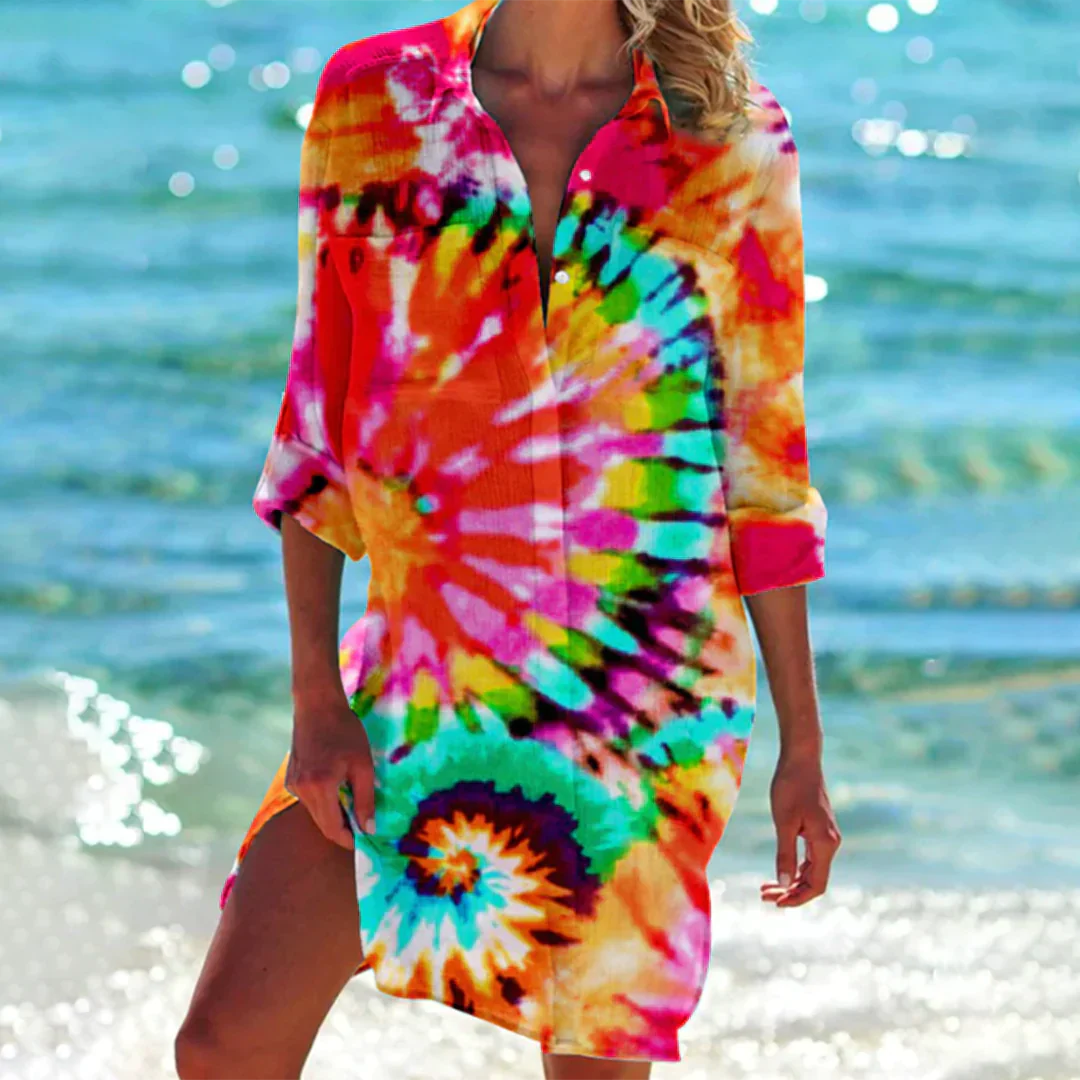 Caliora | Dames Zomerjurk met Knopen aan de Voorkant – Casual Midi Jurk met Korte Mouwen