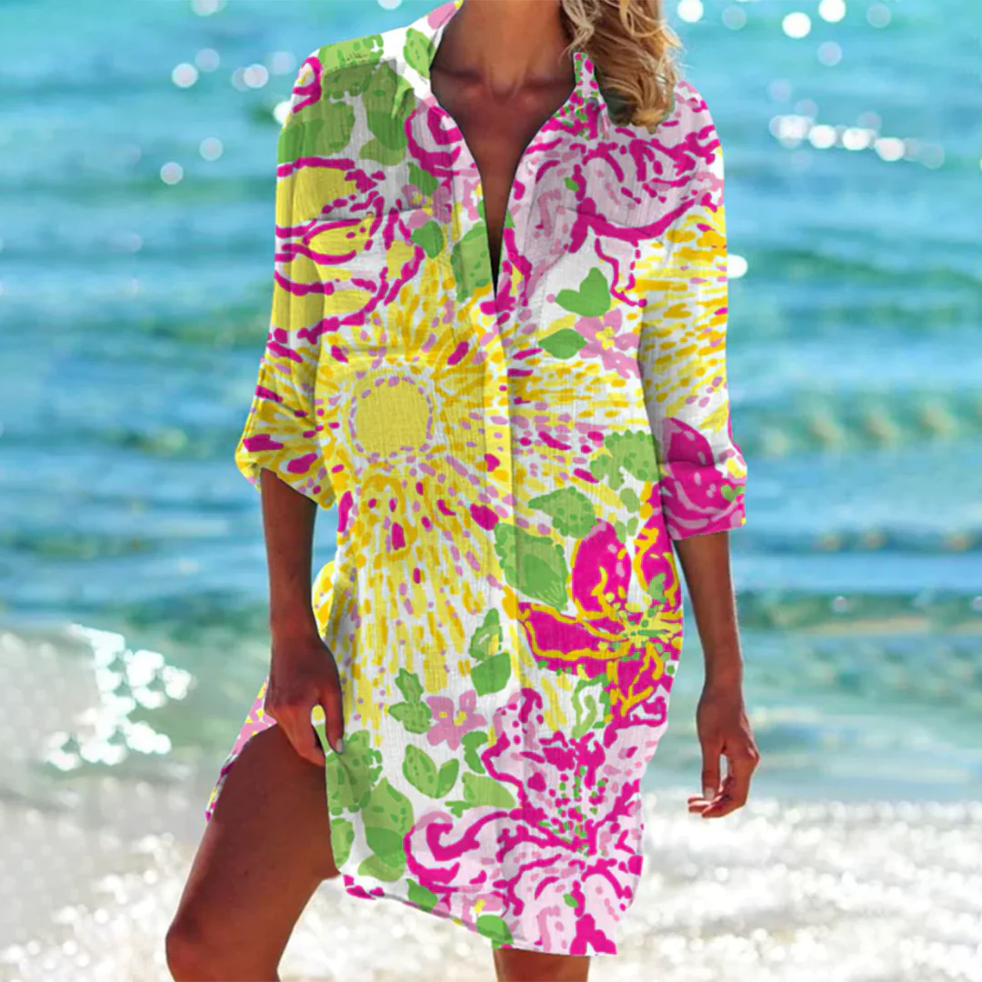 Caliora | Dames Zomerjurk met Knopen aan de Voorkant – Casual Midi Jurk met Korte Mouwen
