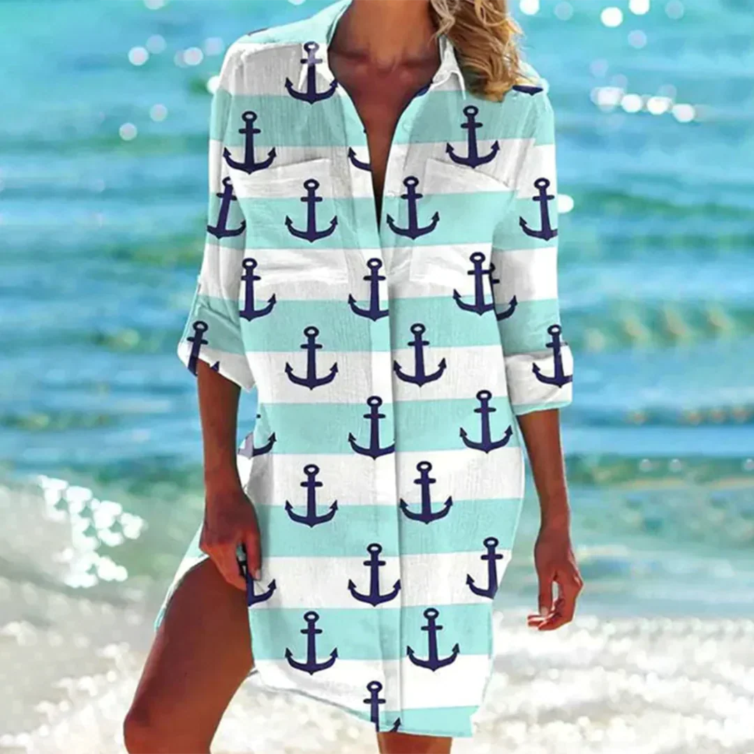 Caliora | Dames Zomerjurk met Knopen aan de Voorkant – Casual Midi Jurk met Korte Mouwen
