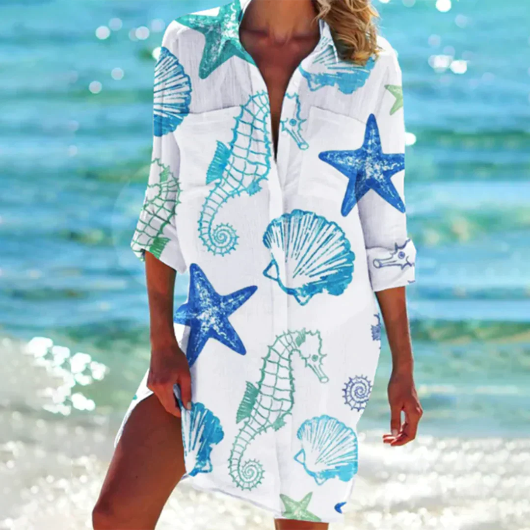 Caliora | Dames Zomerjurk met Knopen aan de Voorkant – Casual Midi Jurk met Korte Mouwen