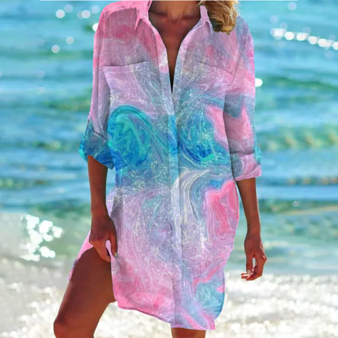 Caliora | Dames Zomerjurk met Knopen aan de Voorkant – Casual Midi Jurk met Korte Mouwen