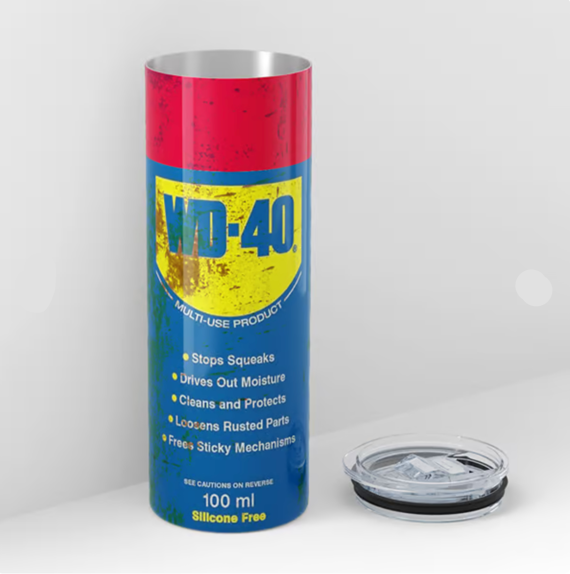 MechMug | Industriële WD-40 geïnspireerde thermosbeker – Robuuste roestvrijstalen reisbeker voor koffie