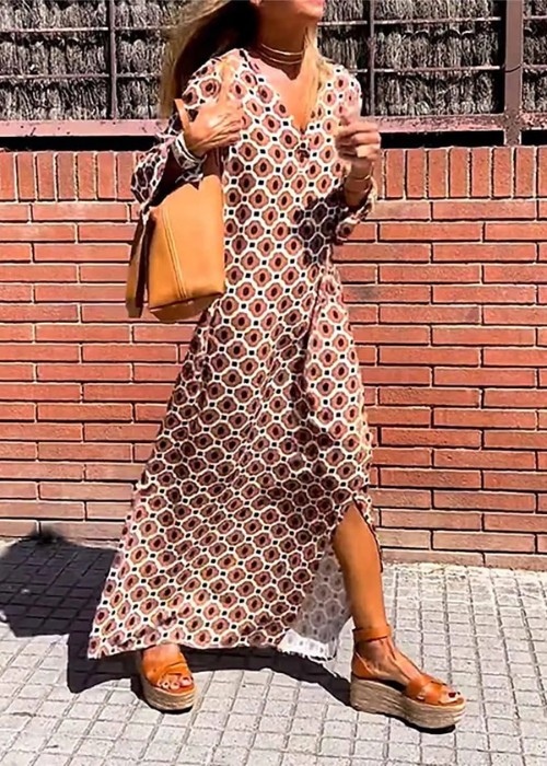 Jorina | Boho Maxi Jurk – Zomerjurk met Lange Mouwen en V-Hals, Oversized Relaxte Pasvorm