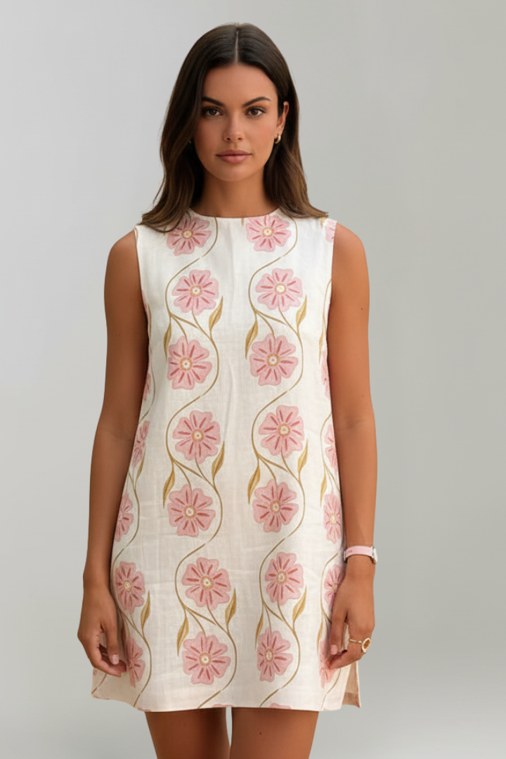 Jexa | Mouwloze mini-jurk voor dames – Casual zomerjurk met bloemenprint in A-lijn van linnenmix