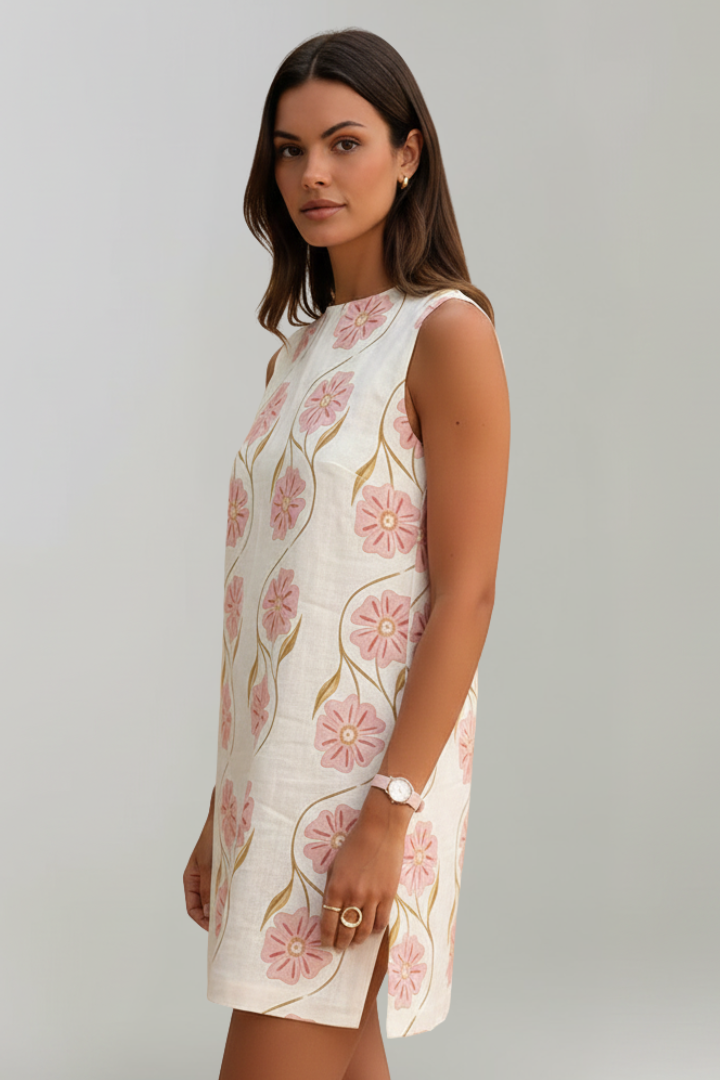 Jexa | Mouwloze mini-jurk voor dames – Casual zomerjurk met bloemenprint in A-lijn van linnenmix