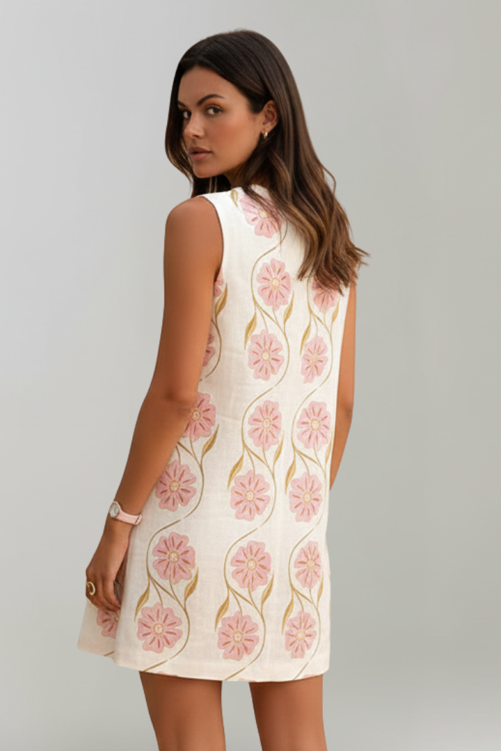 Jexa | Mouwloze mini-jurk voor dames – Casual zomerjurk met bloemenprint in A-lijn van linnenmix