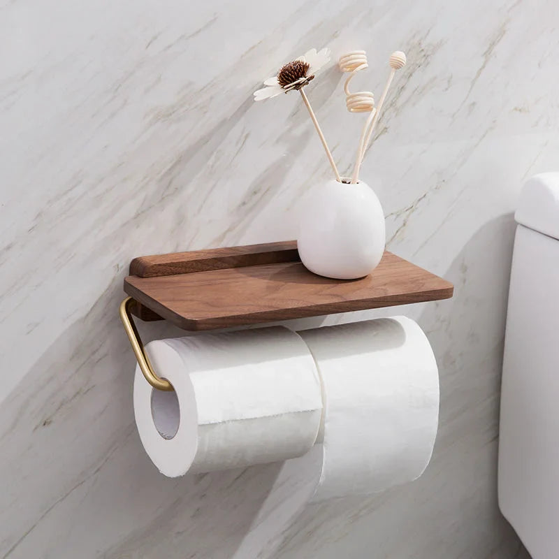 OakHaven | Rustieke houten toiletrolhouder met geïntegreerd plankje – elegante badkameropbergruimte