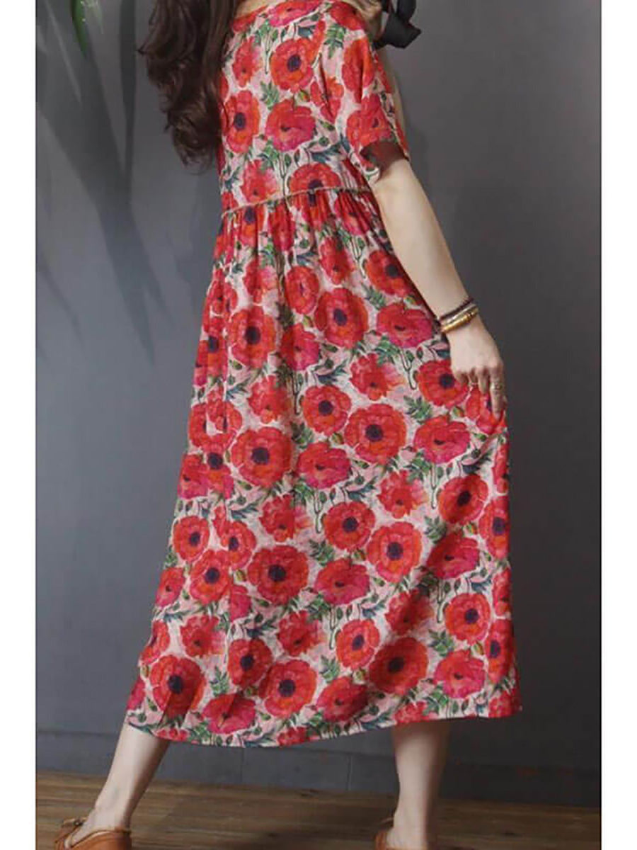 Viona | Midi-jurk van linnen met bloemenprint voor dames in grote maten – losse, casual pasvorm