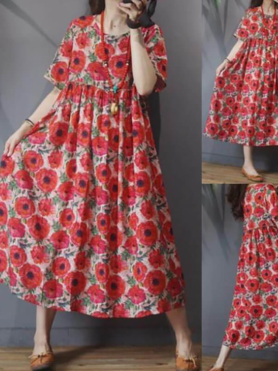 Viona | Midi-jurk van linnen met bloemenprint voor dames in grote maten – losse, casual pasvorm