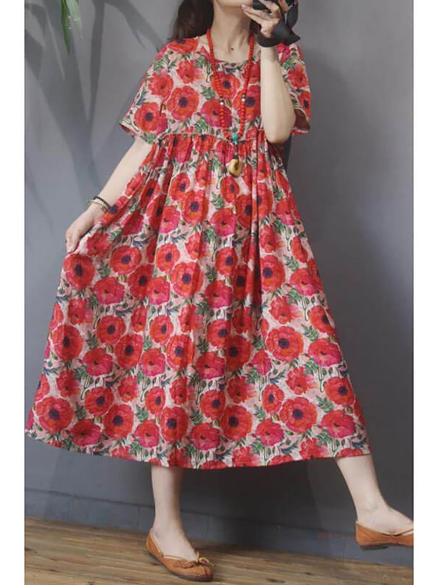 Viona | Midi-jurk van linnen met bloemenprint voor dames in grote maten – losse, casual pasvorm