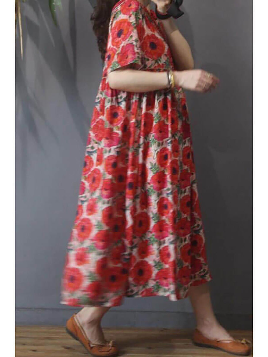 Viona | Midi-jurk van linnen met bloemenprint voor dames in grote maten – losse, casual pasvorm