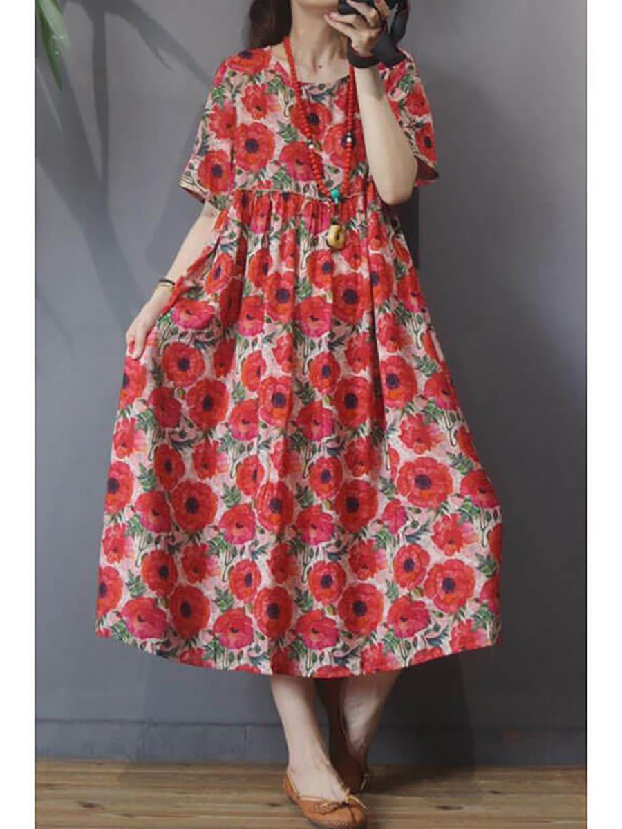 Viona | Midi-jurk van linnen met bloemenprint voor dames in grote maten – losse, casual pasvorm