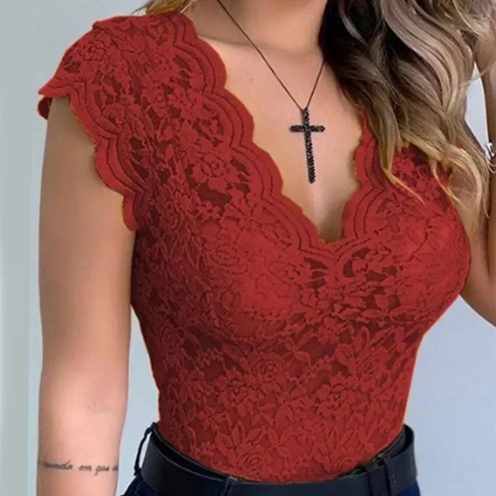 Kyra | Elegante kanten top voor dames – mouwloze casual blouse met V-hals en slanke pasvorm