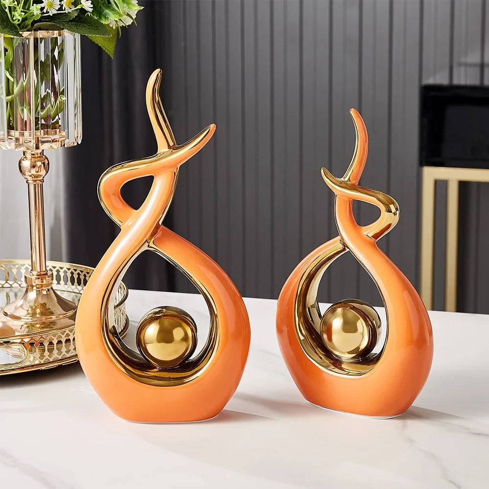 Sculptura | Abstracte keramische kunstsculptuur met gouden accenten - Modern decor voor thuis en kantoor