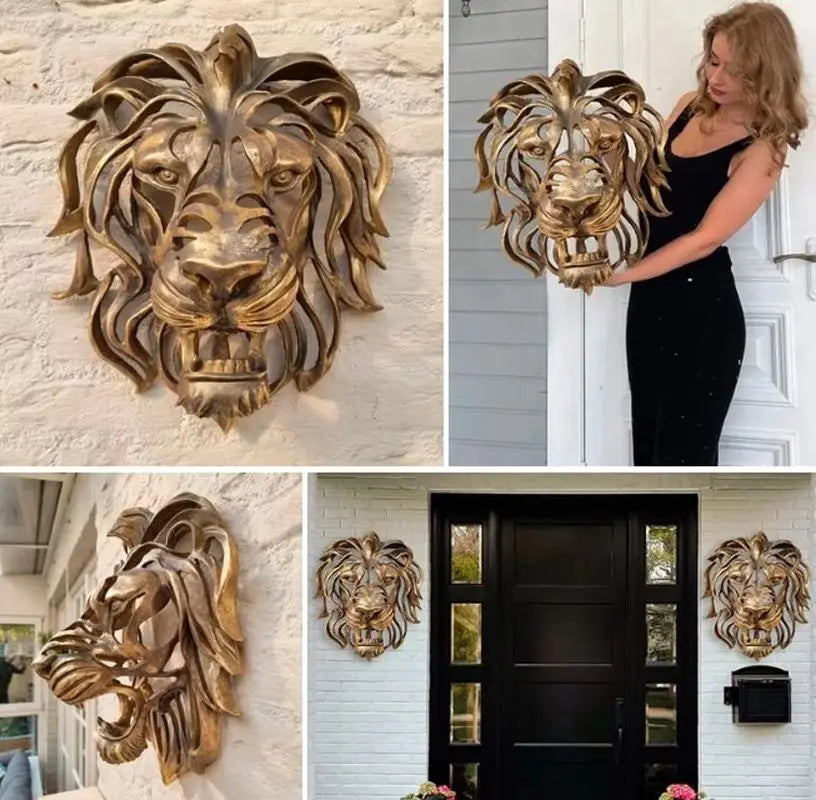 RegalMane | Metalen leeuwenkop muur sculptuur - Gouden afwerking, 3D leeuw muurdecoratie
